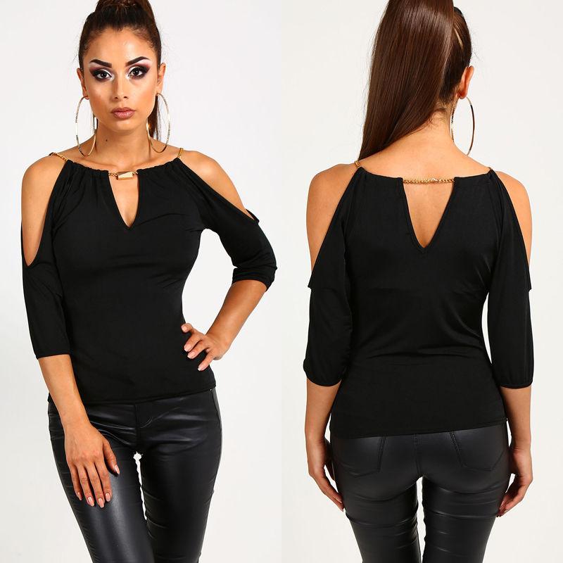 Изображение товара: New Fashion Women Sexy T-shirt Chic halter V Neck Summer Off Shoulder Tops Solid Black Ladies Loose Autumn Casual Tops