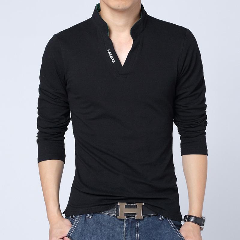 Изображение товара: Новинка, осенняя модная мужская рубашка-поло QNPQYX, однотонная хлопковая рубашка-поло с длинным рукавом, облегающий топ с V-образным вырезом и буквенным принтом LAISO