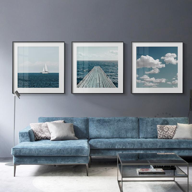 Изображение товара: Скандинавский современный пейзаж, холст, живопись, настенный плакат, синее небо, белое облако, деревянная и морская живопись, украшение для дома, гостиной