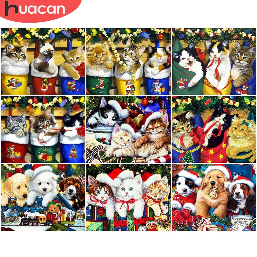 Изображение товара: HUACAN DIY картинки по номеру Рождественский Рисунок кота на холсте картина по номерам животные ручная роспись картина зимний домашний декор