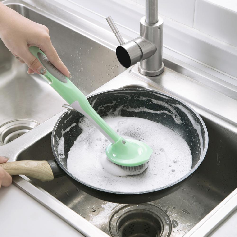 Изображение товара: Длинная ручка, кухонная Чистящая Щетка скраб, миска для посуды, щетки для мытья, автоматический дозатор жидкости, кухонный горшок, инструменты для очистки