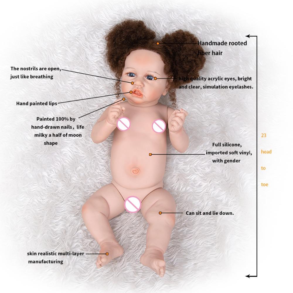 Изображение товара: 23 дюймовая черная кукла, мягкие силиконовые куклы, укорененные волосы, кукла Bebe Reborn, игрушки, настоящая сенсорная игрушка для ванны, игрушка Playmate для ребенка