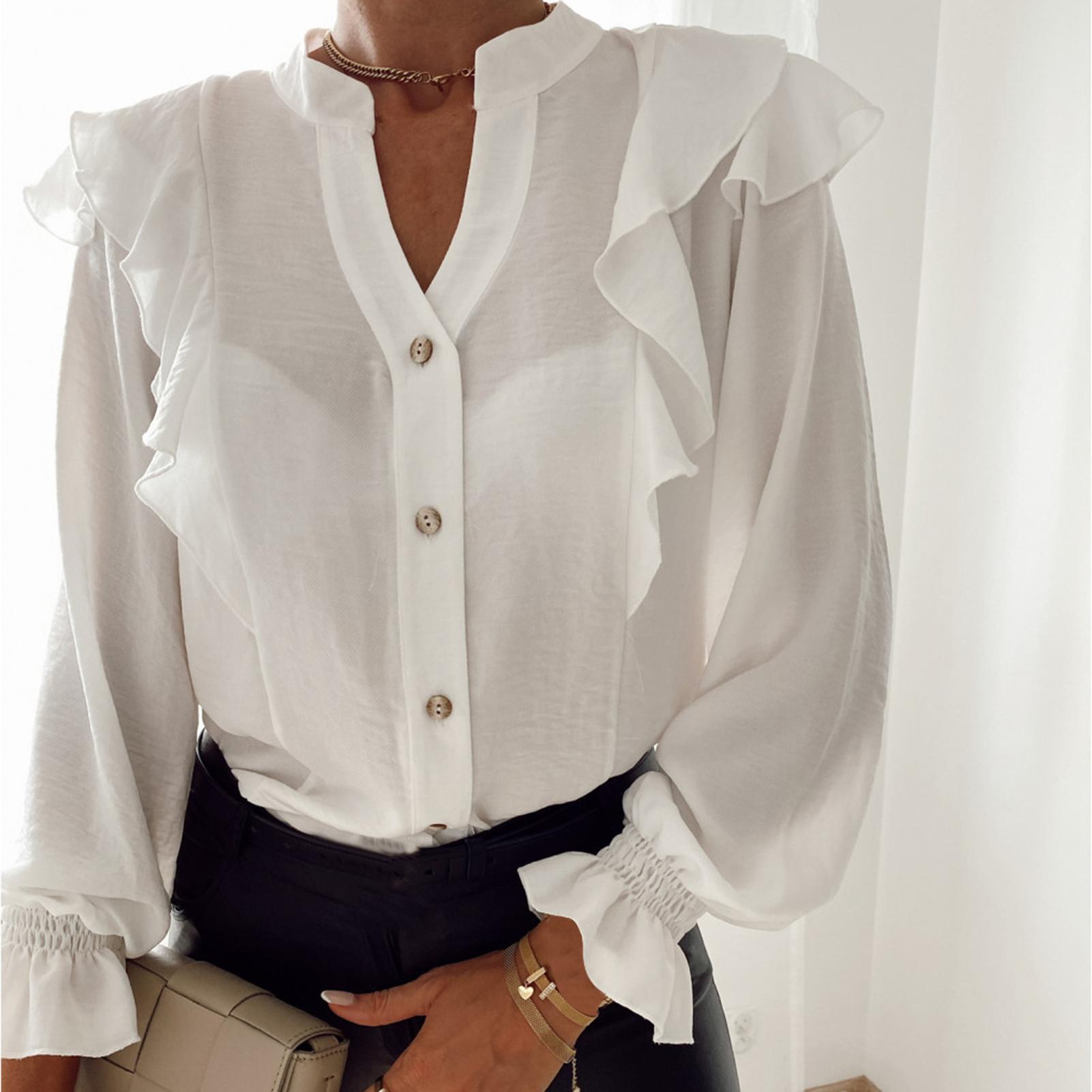 Изображение товара: Повседневная Женская блузка, осенняя однотонная женская рубашка с длинным рукавом, однобортная рубашка с оборками, топ, женская одежда xxl