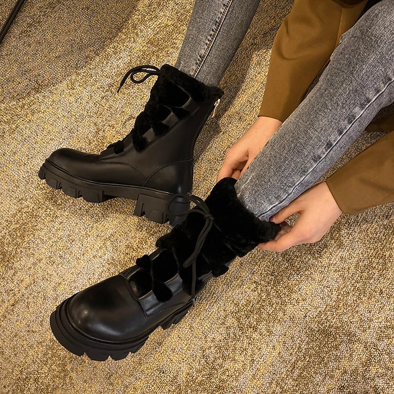 Изображение товара: Женские ботинки из натуральной кожи Asumer, на толстом меху, с круглым носком, на шнуровке, на квадратном каблуке, теплые зимние ботильоны, 2021