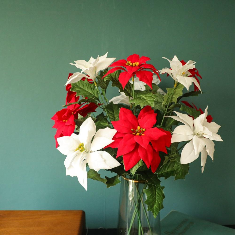 Изображение товара: 5 шт./лот, домашний декор, красные искусственные рождественские шелковые цветы, ветки, искусственные шелковые ветки, венок, букет для рождественского декора, цветы