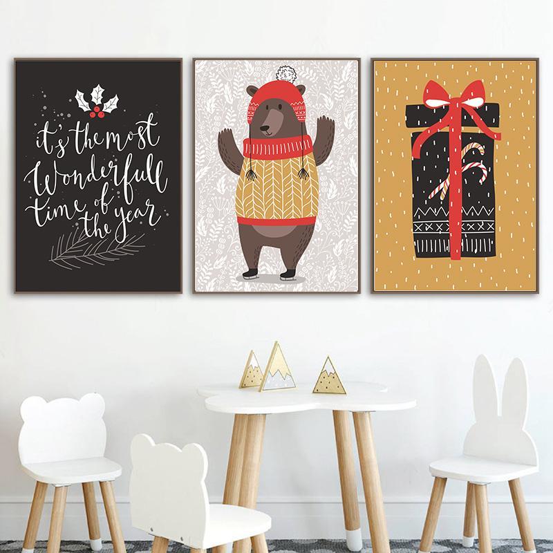 Изображение товара: Милый Санта-Клаус, Рождественская елка, лось, медведь, Настенная картина, Рождественский тематический подарок, Безрамная холщовая печать, постер для украшения дома