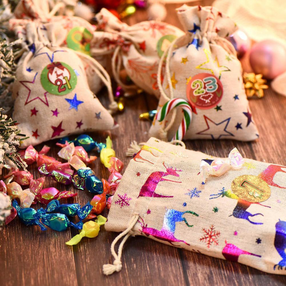 Изображение товара: Рождественский мешок для конфет с рисунком 1-24, календарь для Адвента, пакет из хлопка и льна, Подарочный мешок, Топпер для домашнего стола, Рождественское украшение
