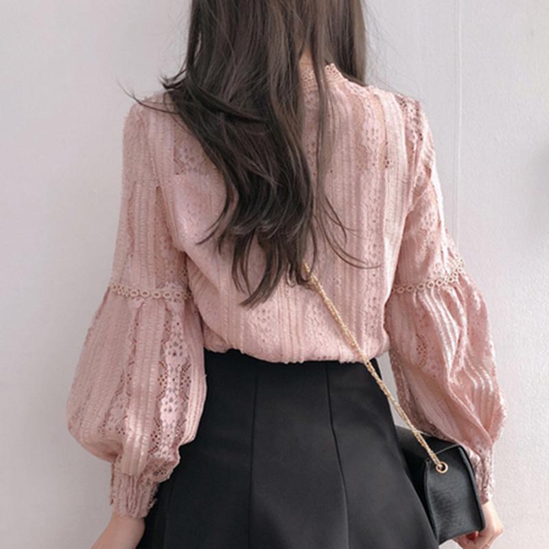 Изображение товара: Женская винтажная блузка с длинным рукавом, розовая однотонная кружевная рубашка с буффами на рукавах, весна 6899 50