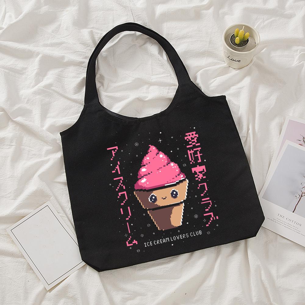 Изображение товара: Женская Холщовая Сумка-тоут с мультяшным японским пиксельным принтом, сумки на плечо для девочек, сумки, экологически чистая сумка для покупок, сумка для вещей