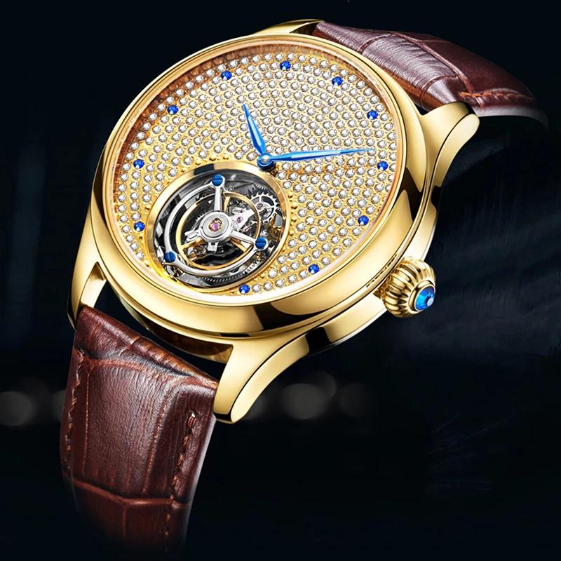 Изображение товара: Часы мужские механические с турбийоном, роскошные полностью хрустальные золотистые часы-скелетоны без логотипа