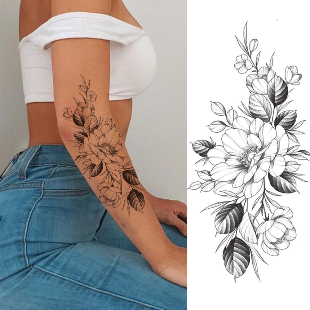 Изображение товара: Black Flower Temporary Tattoos For Women Daughter Dahlia Peony Rose Realistic Fake Tattoos Sticker Water Tone Tattos For Show
