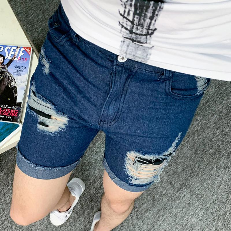 Изображение товара: Шорты мужские джинсовые с дырками, тонкие модные уличные штаны в стиле хип-хоп для подростков, черный темно-синий цвета, на лето