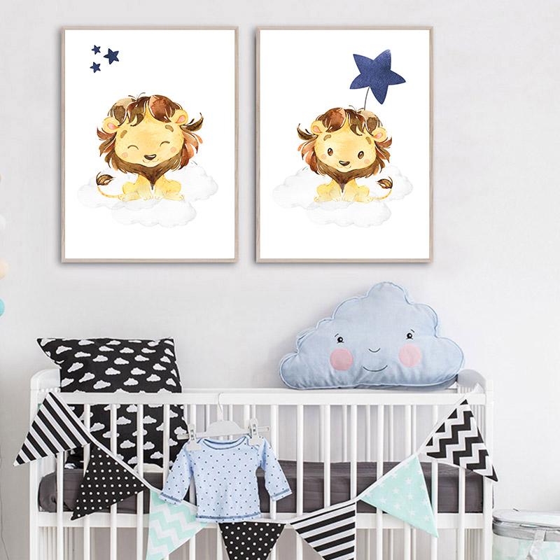 Изображение товара: Детский плакат, Настенная картина для детской комнаты, рисунок на холсте, мультяшное животное, Лев, луна, звезда, нордическая картина для украшения детской комнаты, мальчика, спальни