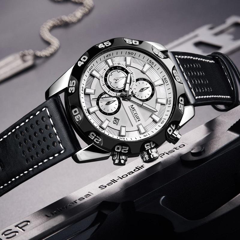 Изображение товара: Часы MEGIR Мужские кварцевые с хронографом, спортивные брендовые наручные, с кожаным ремешком