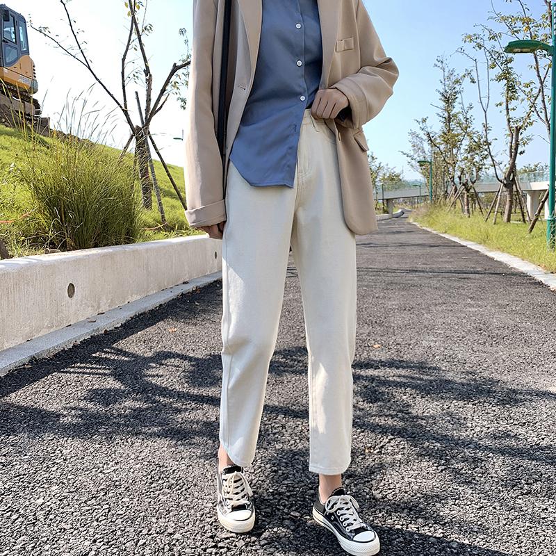 Изображение товара: Корейские Модные Узкие прямые свободные джинсы, женские новые универсальные широкие брюки с высокой талией, узкие укороченные джинсы на весну и осень