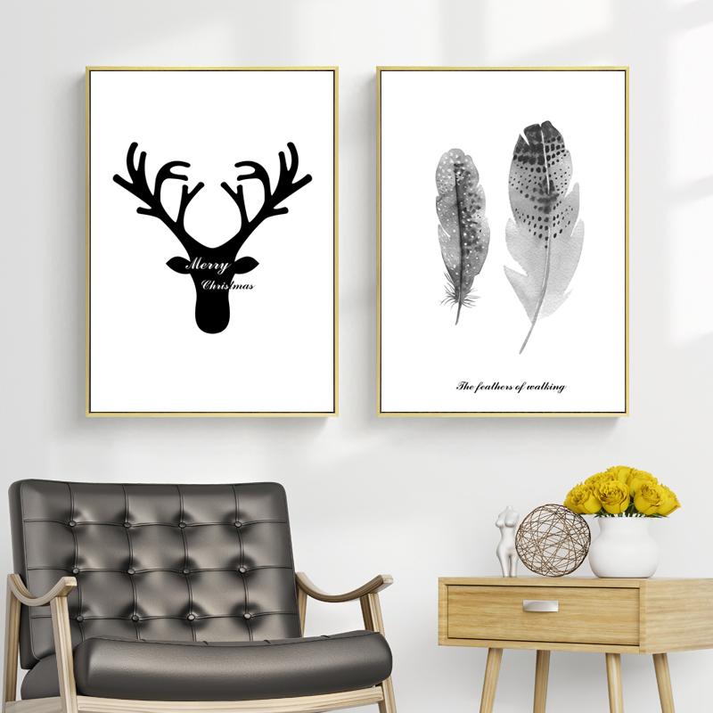 Изображение товара: Плакаты с изображением оленя и перьев, настенные художественные принты на холсте, черно-белые модульные картины для комнаты, декор для спальни, дома, гостиной