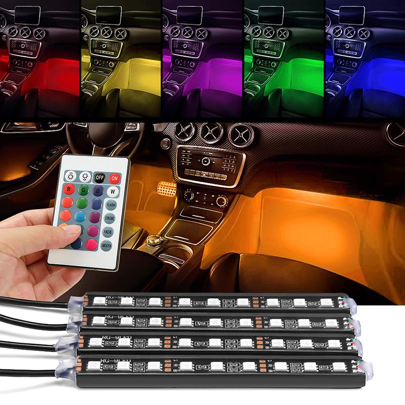 Изображение товара: Светодиодная ленсветильник RGB для автомобиля, декоративная Гибкая лампа с пультом дистанционного управления, 36 светодиодов, 4 шт.