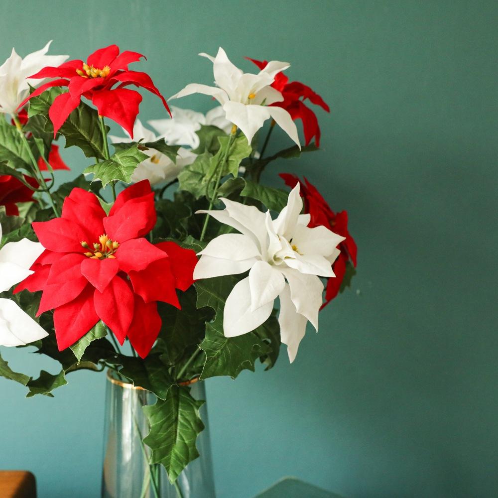 Изображение товара: 5 шт./лот, домашний декор, красные искусственные рождественские шелковые цветы, ветки, искусственные шелковые ветки, венок, букет для рождественского декора, цветы