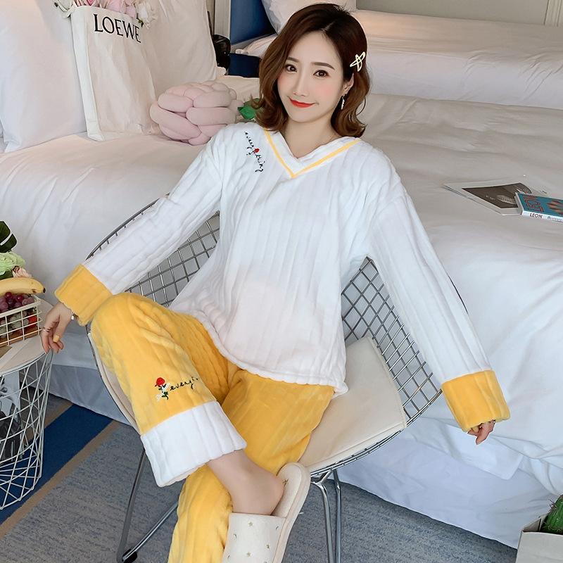 Изображение товара: Пижама для девочек-подростков, фланелевая одежда для сна, брюки с длинным рукавом и V-образным вырезом, теплая плотная зимняя домашняя пижама, женская, Корейская