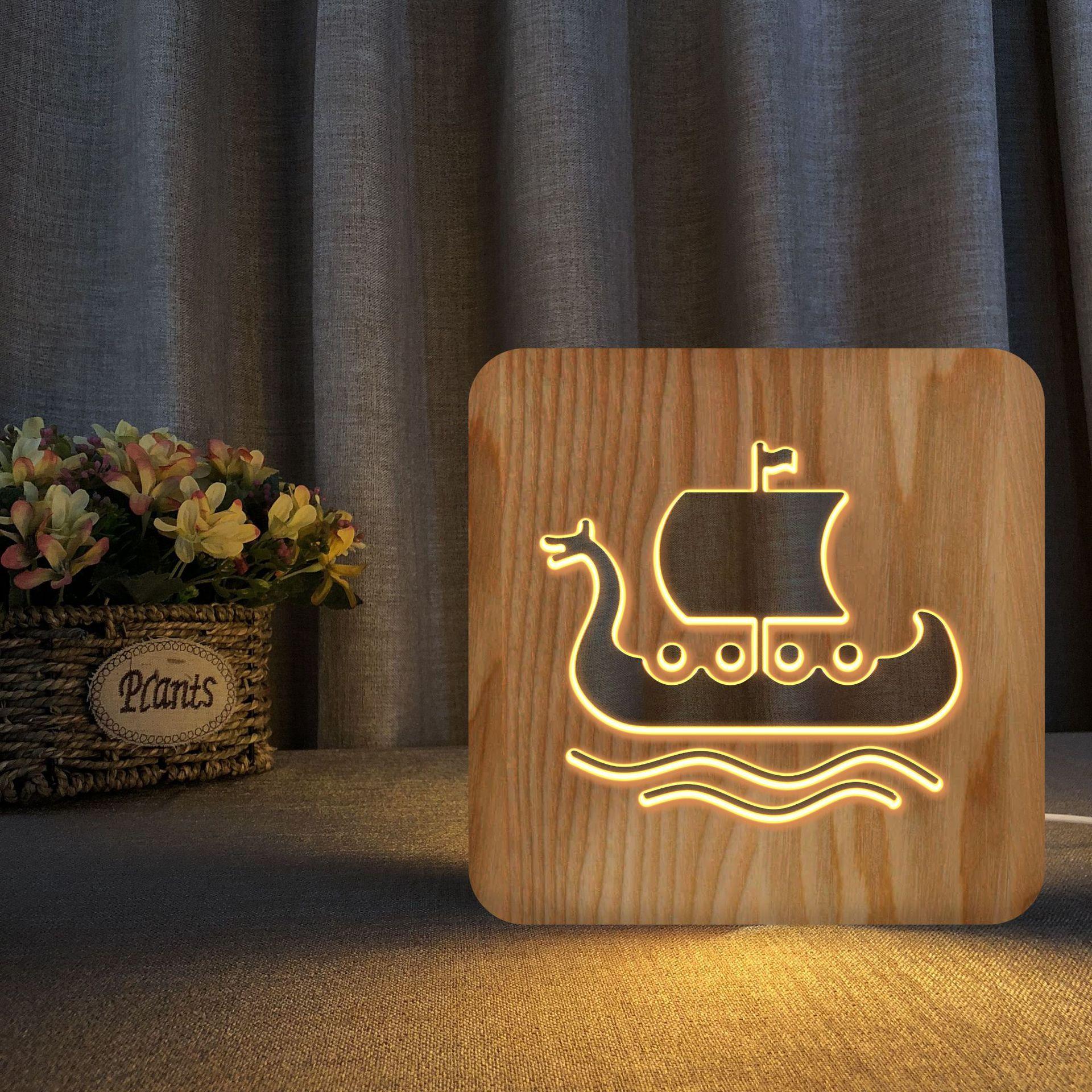 Изображение товара: Светодиодный ночник с лодкой-драконом Shpe, настольный светильник из цельного дерева с отверстиями для резьбы по дереву, декор для спальни, креативный подарок для детей и друзей