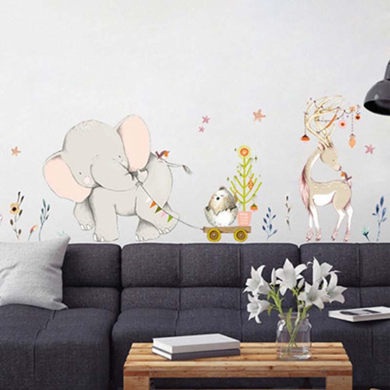 Изображение товара: Мультяшные настенные Стикеры, украшение детской комнаты, Лесной Флоу, слон, жираф, животные, обои для детской спальни, ПВХ Наклейка на стену