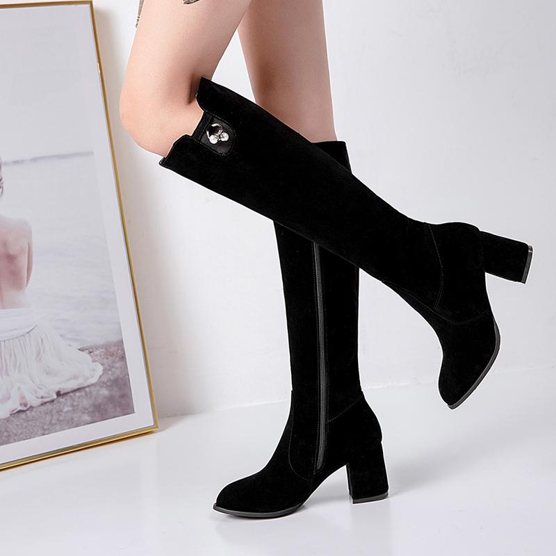 Изображение товара: Ботинки женские на высоком каблуке, флоковые удобные, с круглым носком, на молнии, с бисером, массивные, для езды на вечеринке