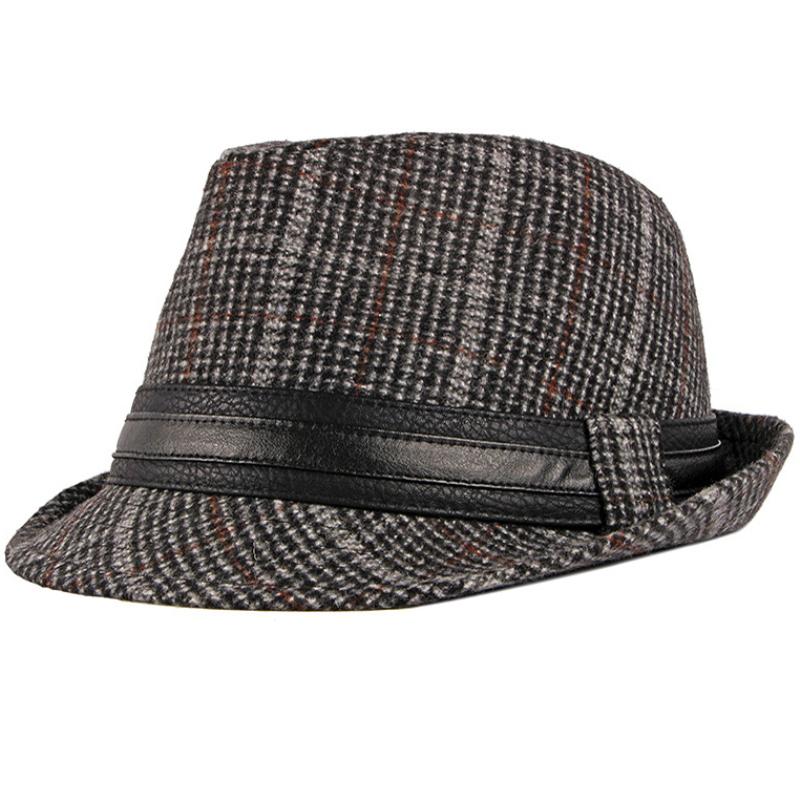 Изображение товара: Fedoras осенне-зимняя шапка шапки для мужчин винтажная Клетчатая Шерстяная Шапка в стиле ретро джентльмена черная стандартная мужская шапка Трилби джаз