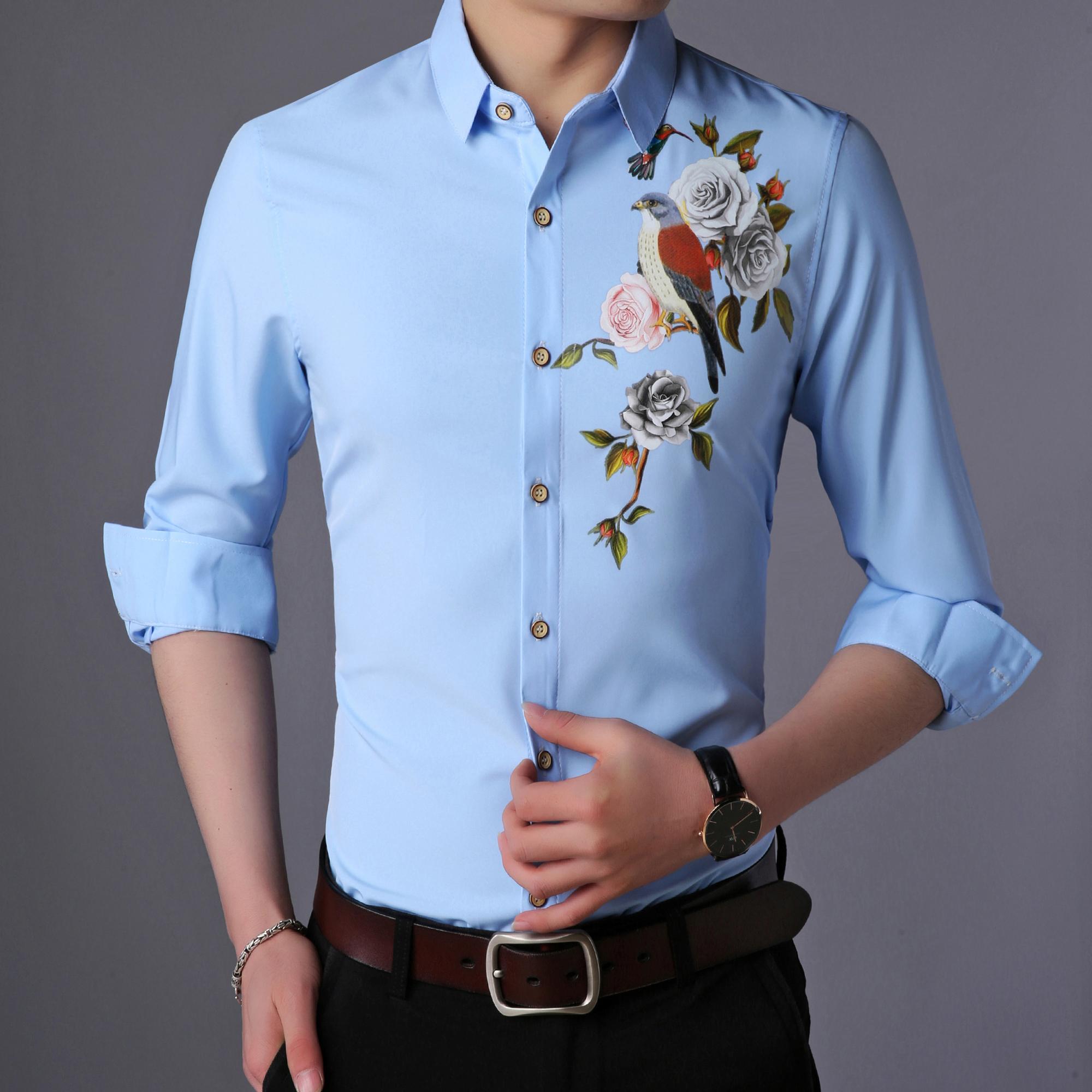Изображение товара: Рубашка мужская с цветочным принтом, повседневная с длинным рукавом, с цифровым принтом, с птицами, в Корейском стиле, для отдыха