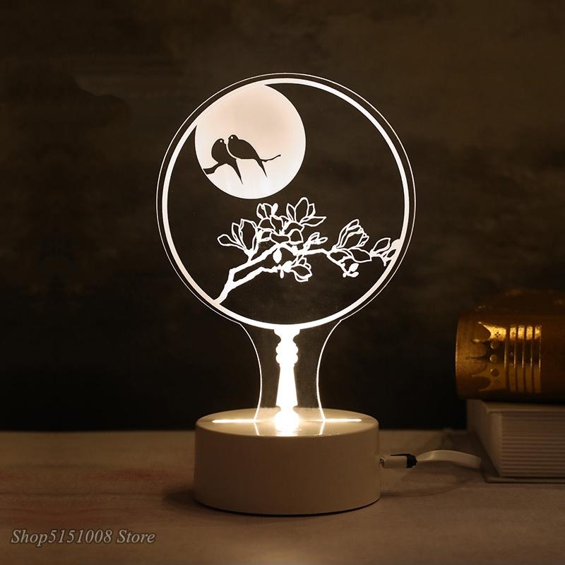 Изображение товара: Креативный 3D ночник, цветок, птица, иллюзия, светодиодсветильник лампа, настольная лампа в китайском стиле, новинка светильник для украшения дома, художественная лампа