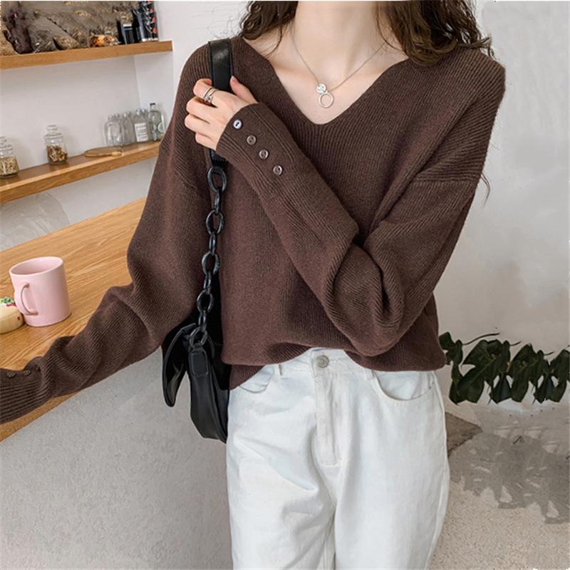 Изображение товара: New Korean Style Women Knit Sweater Warm V-neck Pullovers Bottoming Shirt Loose And Thin Solid Color Casual Ol Autumn And Winter