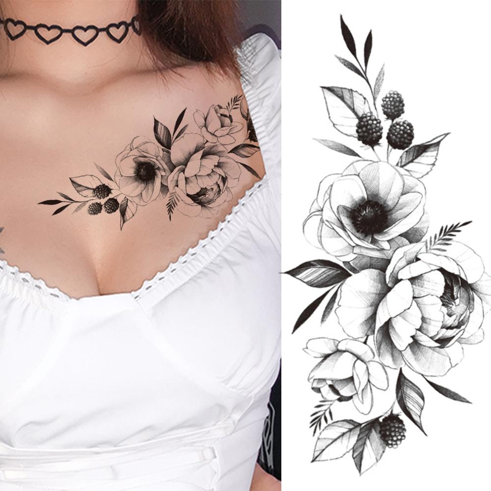 Изображение товара: Черный Георгин, временные татуировки для женщин, девушек, взрослых, искусственная Роза, луна, пистолет, реалистичные татуировки, сексуальные боди-арт тату