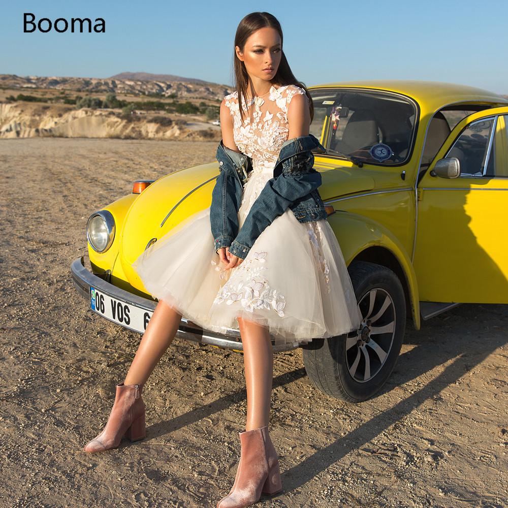 Изображение товара: Женское Короткое свадебное платье Booma, с круглым вырезом и цветочной аппликацией, до колена, без рукавов