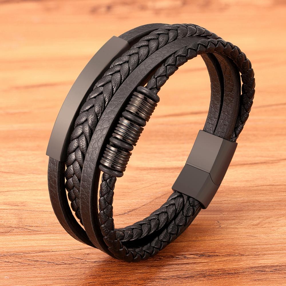 Изображение товара: Мужской многослойный браслет из натуральной кожи, винтажный браслет с магнитной застежкой, черный