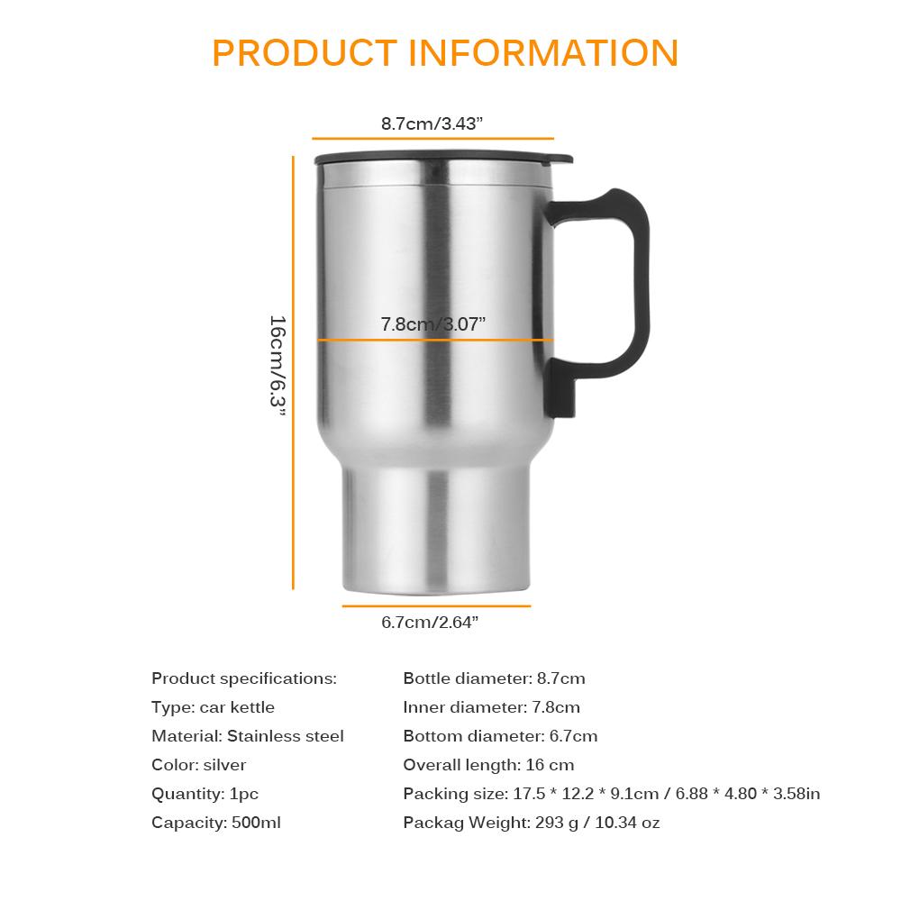 Изображение товара: 12V 450ML чашка из нержавеющей стали, чайник для путешествий, кофейная кружка, портативная электрическая Автомобильная вода, сохраняющая тепло, чайник + кабель для прикуривателя