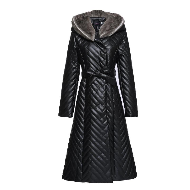 Изображение товара: Пальто женское из овечьей кожи, с норковым мехом, с капюшоном, длинное, из искусственной кожи, PC017, M-5XL