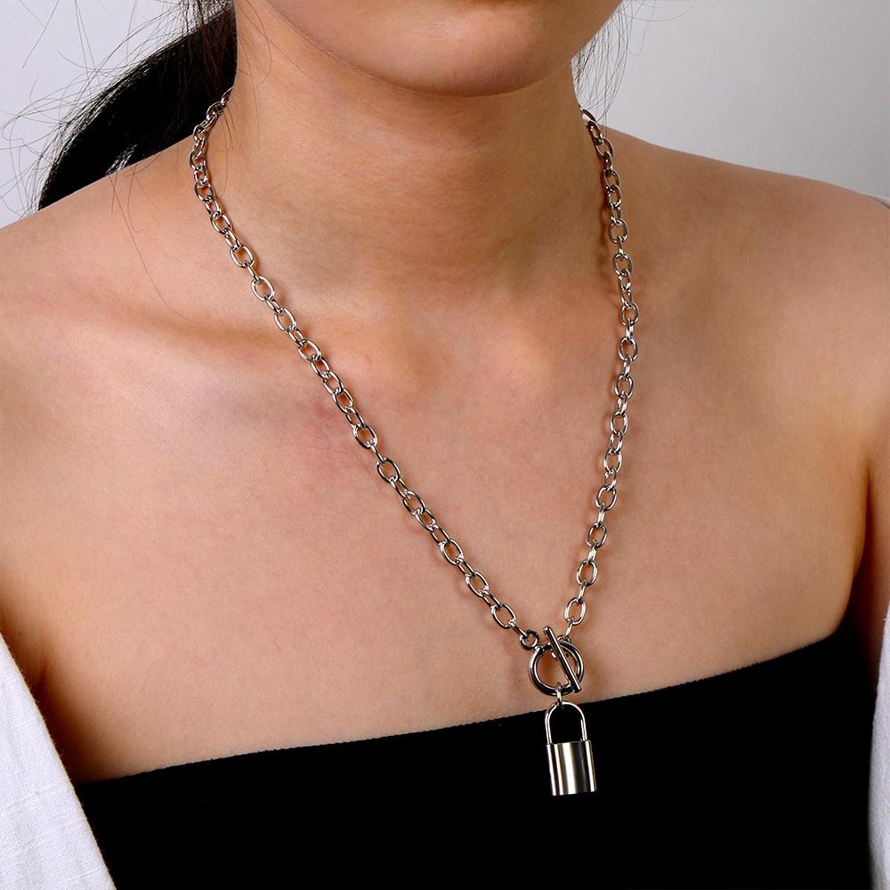 Изображение товара: Ожерелье с подвеской в виде кольца с замком в стиле панк 2020, женская готическая цепочка с толстым геометрическим замком золотого и серебряного цвета, ожерелье-цепочка на воротник, ювелирные изделия