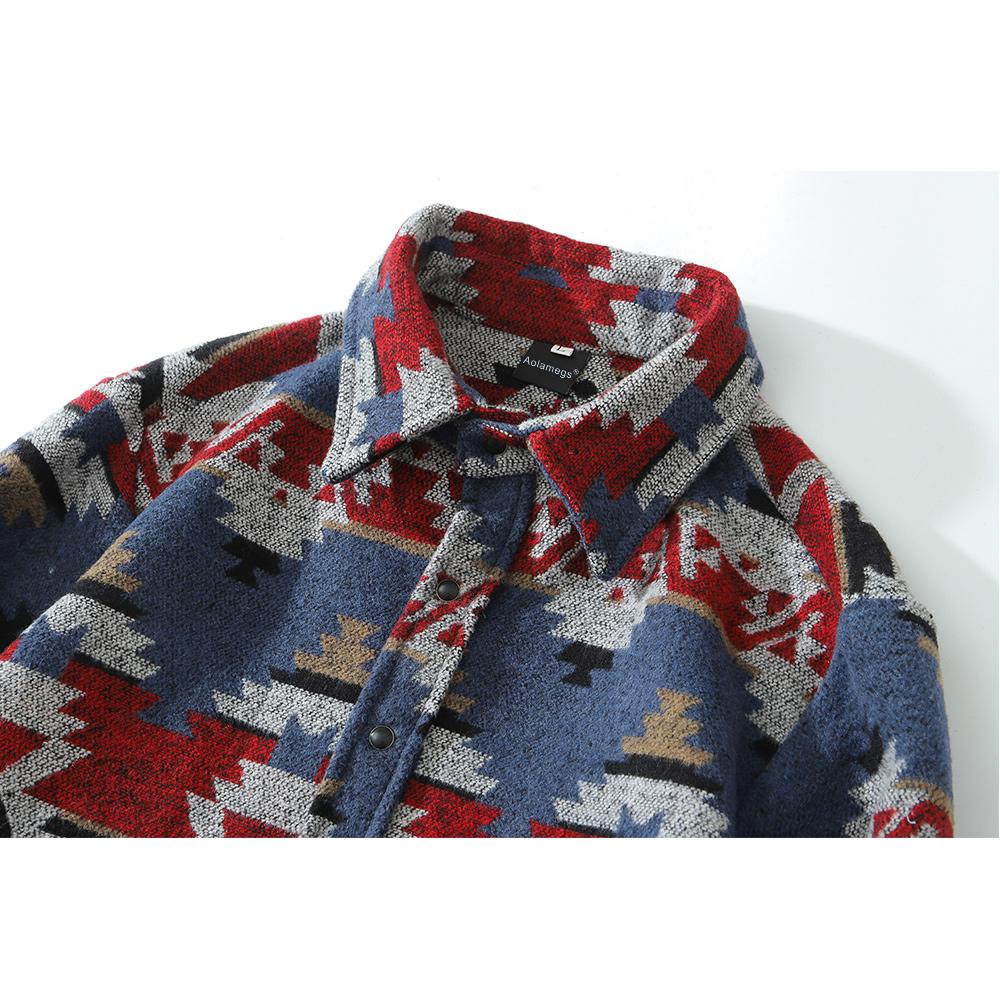 Изображение товара: Aolamegs хит, цветная винтажная рубашка с принтом в народном стиле, Мужская утолщенная Повседневная универсальная рубашка с длинным рукавом, осенняя мужская уличная одежда
