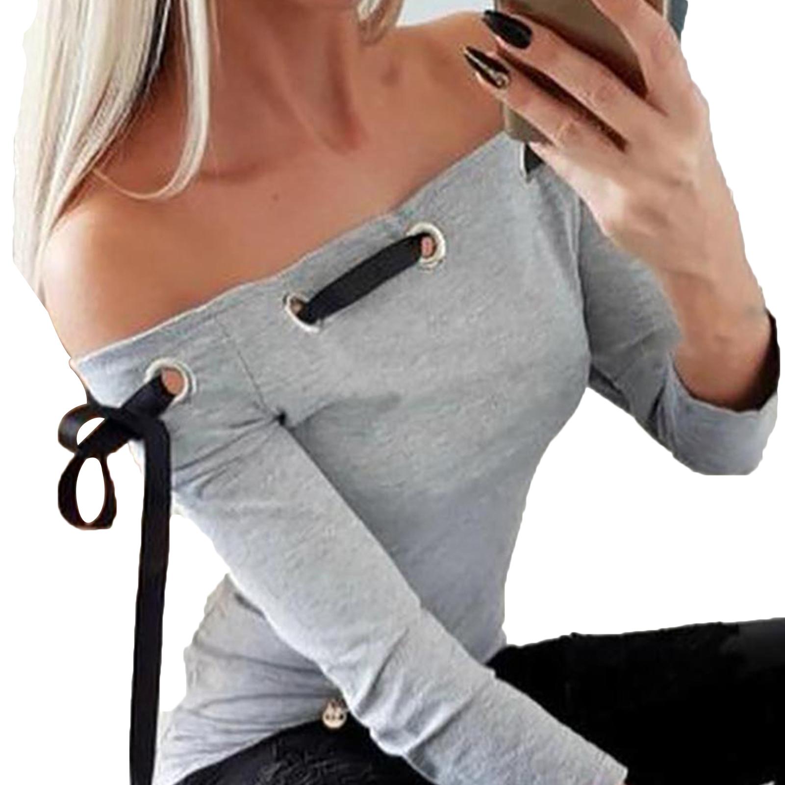 Изображение товара: Women Sexy Long Sleeve Off Shoulder Hollow Out Bowknot Bandage Slim-Fit T-shirt