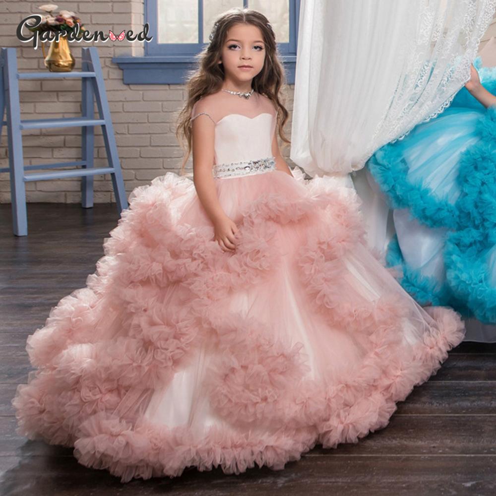 Изображение товара: Пышные Платья из тюля с цветочным принтом для девочек платье с открытой спиной, жемчугом и атласным поясом для девочек Пышное детское бальное платье, платья для маленьких невест
