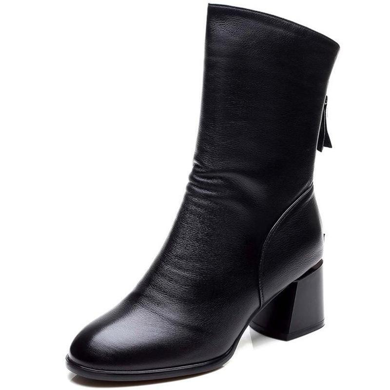 Изображение товара: Женские ботинки из искусственной кожи, Зимние ботильоны на высоком каблуке, на молнии, в стиле ретро, с квадратным носком, 2021
