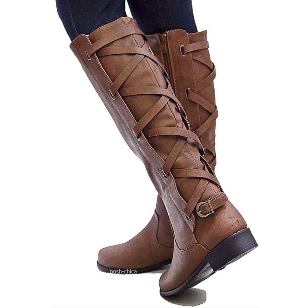 Изображение товара: Women Knee Boots Thick Heels Zipper Lace Up Women's Buckle Shoes Woman Fashion Boot Punk Female Plus Size Drop Shipping