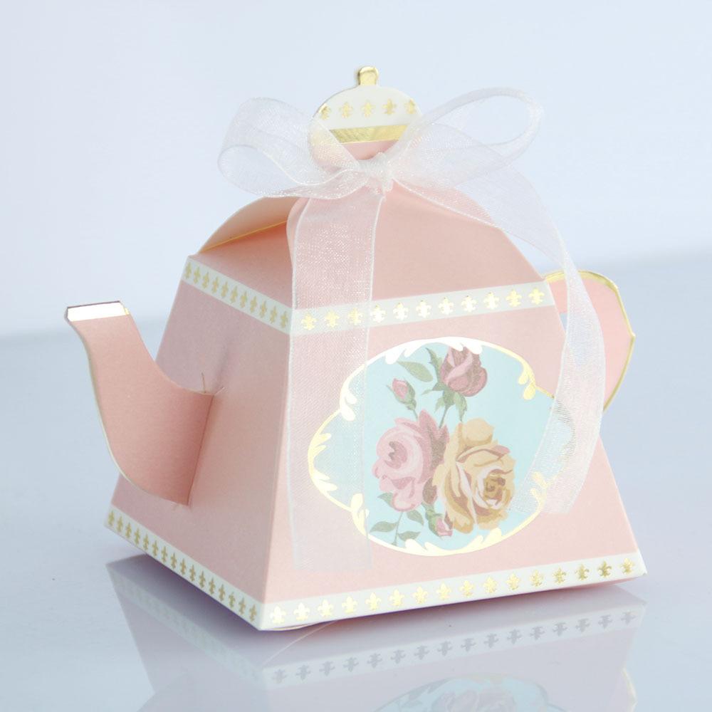 Изображение товара: 50/100 шт. Мини-чайник, чашки, свадебные коробки, Подарочная коробка конфет с лентами для свадьбы, вечерние украшения на день рождения