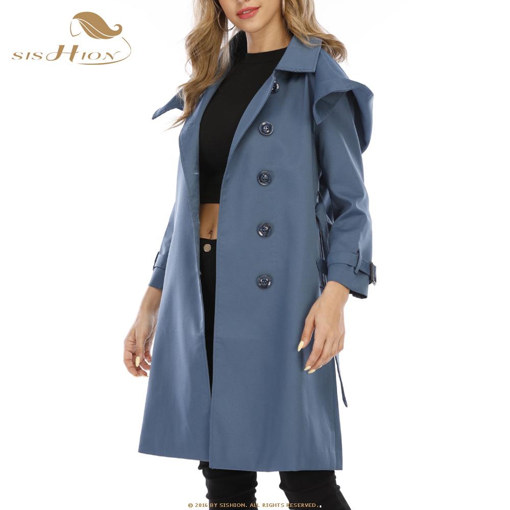 Изображение товара: Женский Длинный Тренч SISHION в английском стиле с капюшоном и поясом, осень 2022, элегантная женская верхняя одежда, синее винтажное пальто VD1577