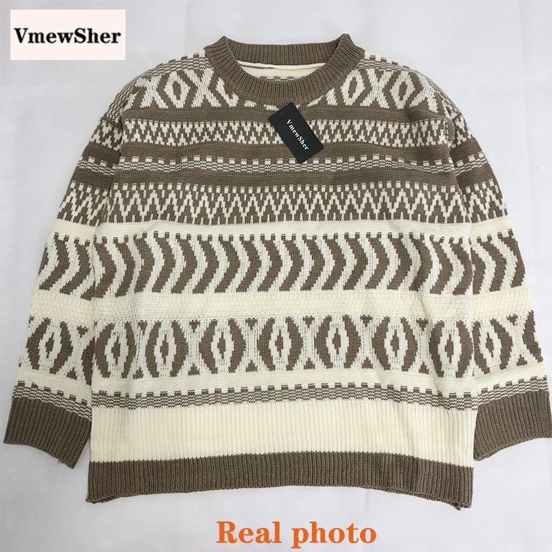 Изображение товара: Женский полосатый вязаный свитер VmewSher в стиле пэчворк, Осенний свободный плотный вязаный пуловер в Европейском стиле, Повседневный свитер, уличная одежда