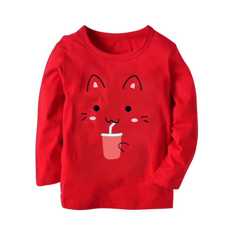 Изображение товара: Рубашка для девочек и мальчиков, Базовая рубашка с длинным рукавом и мультяшным котом, Детские хлопковые топы в западном стиле для весны и осени