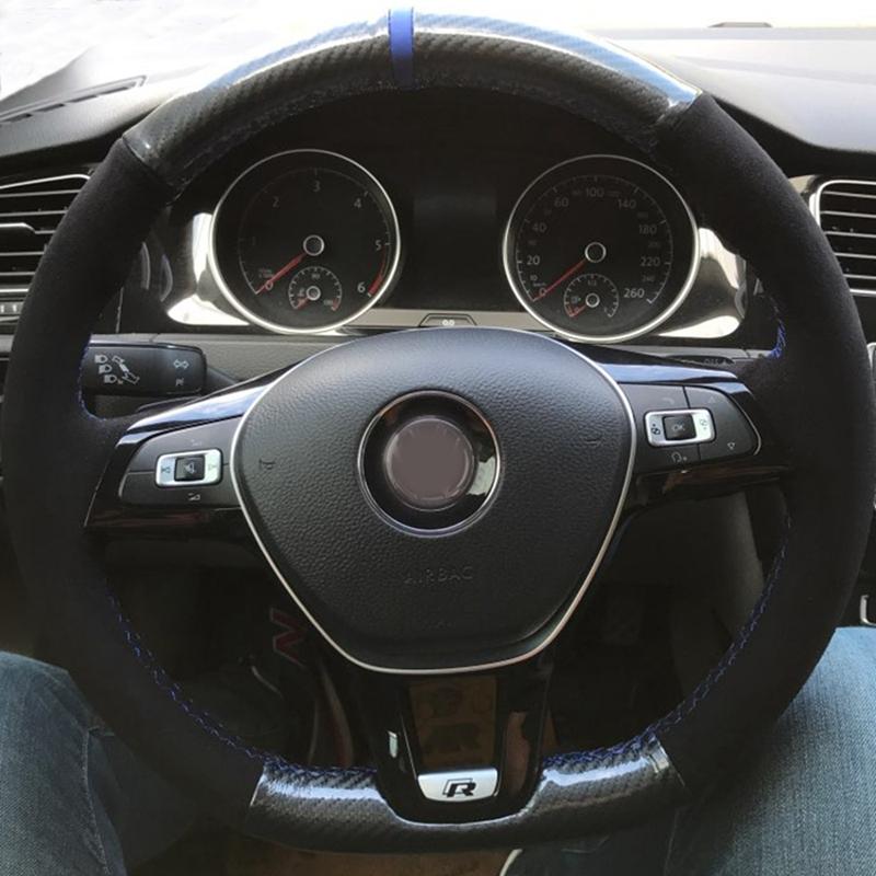 Изображение товара: Сшитая вручную черная оплетка рулевого колеса из углеродной замши для Volkswagen VW Golf 7 Mk7 Новинка Polo Jetta Passat B8