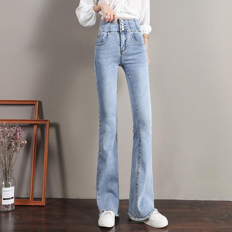 Изображение товара: Женские Модные расклешенные джинсы с высокой талией, облегающие повседневные Стрейчевые джинсы на пуговицах, утолщенная теплая зимняя одежда с подкладкой