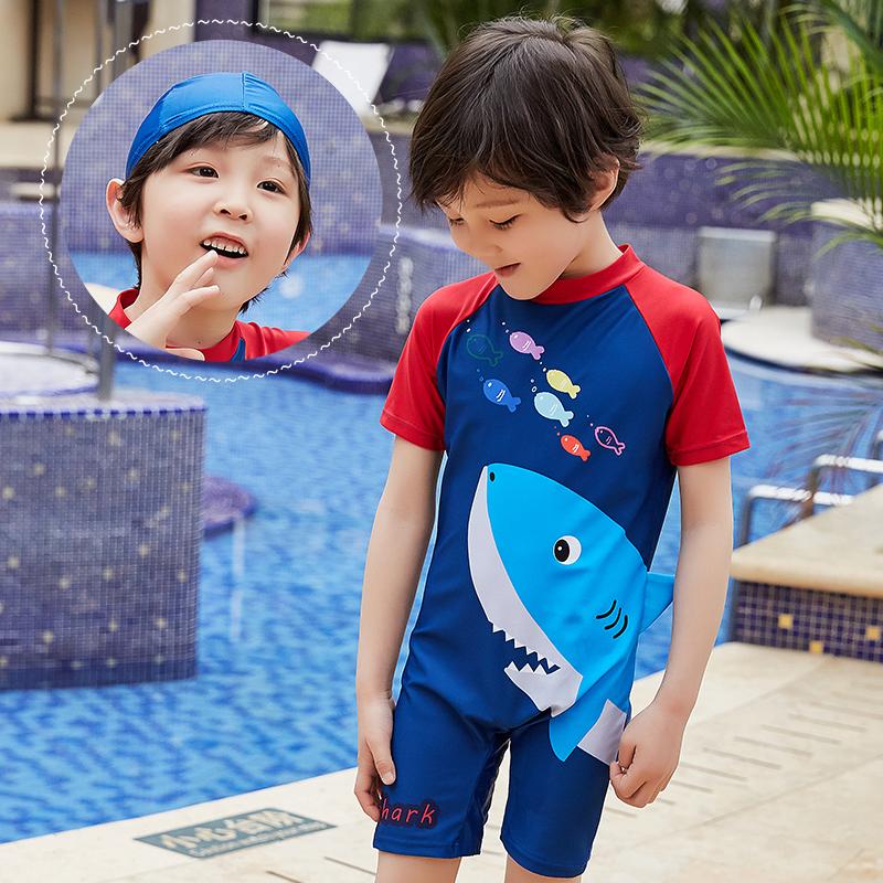 Изображение товара: INS/детский купальный костюм, Цельный купальник с защитой от солнца, Быстросохнущий купальный костюм с короткими рукавами и рисунком акулы для маленьких и больших мальчиков, спандекс