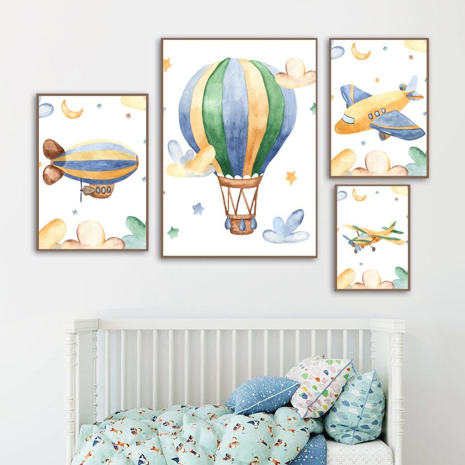Изображение товара: Мультяшный самолет воздушный шар ракета настенная Картина на холсте скандинавские постеры и принты настенные картины декор для детской комнаты