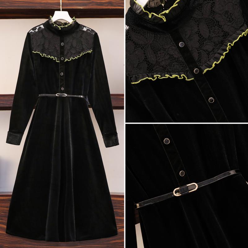 Изображение товара: Женское бархатное платье-трапеция, черное, с длинным рукавом, кружевное, винтажное, на осень, размера плюс